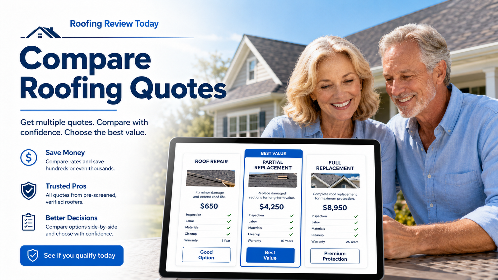 An older couple reviews side-by-side roofing quotes on a tablet showing repair, partial replacement, and full replacement options with pricing and warranty details