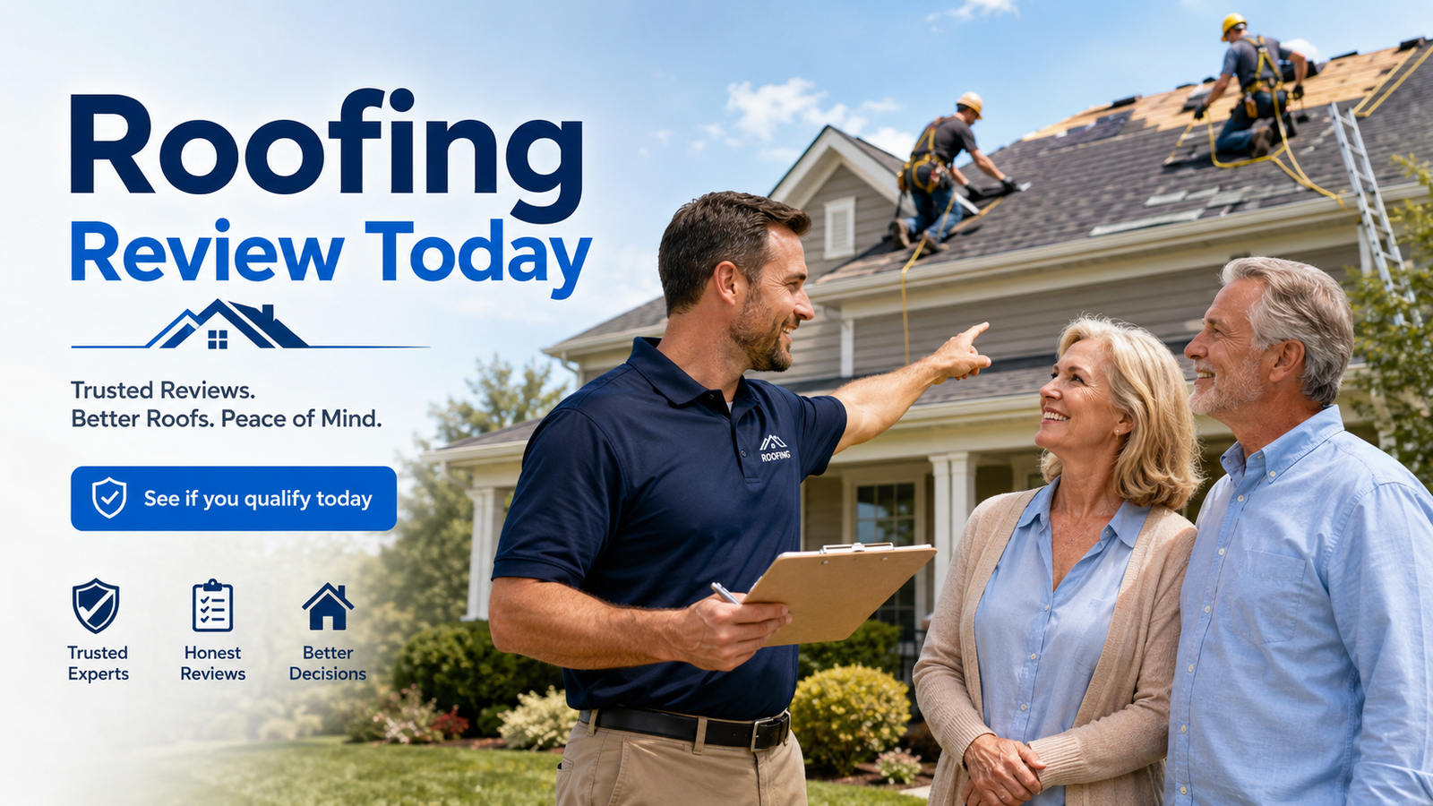 A licensed roofing consultant discusses a residential roof project with a couple outside their two-story home while a crew works on the architectural shingle roof above